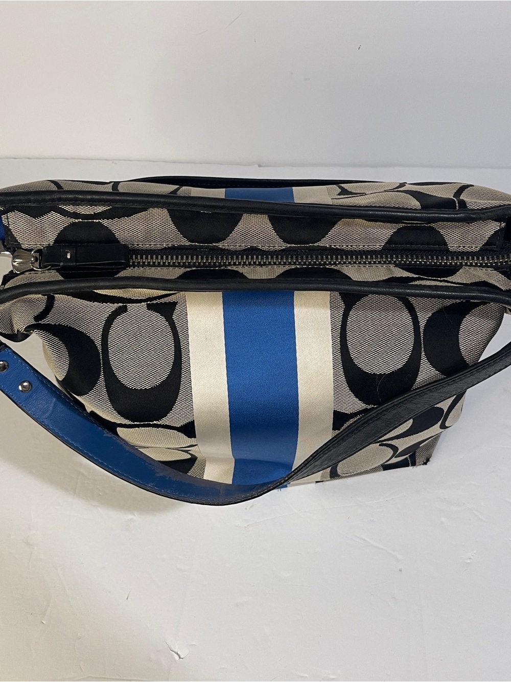 Coach Heritage Stripe Tote F14477 Y2K Signature C Shoulder Bag Black Blue White - Picture 4 of 16